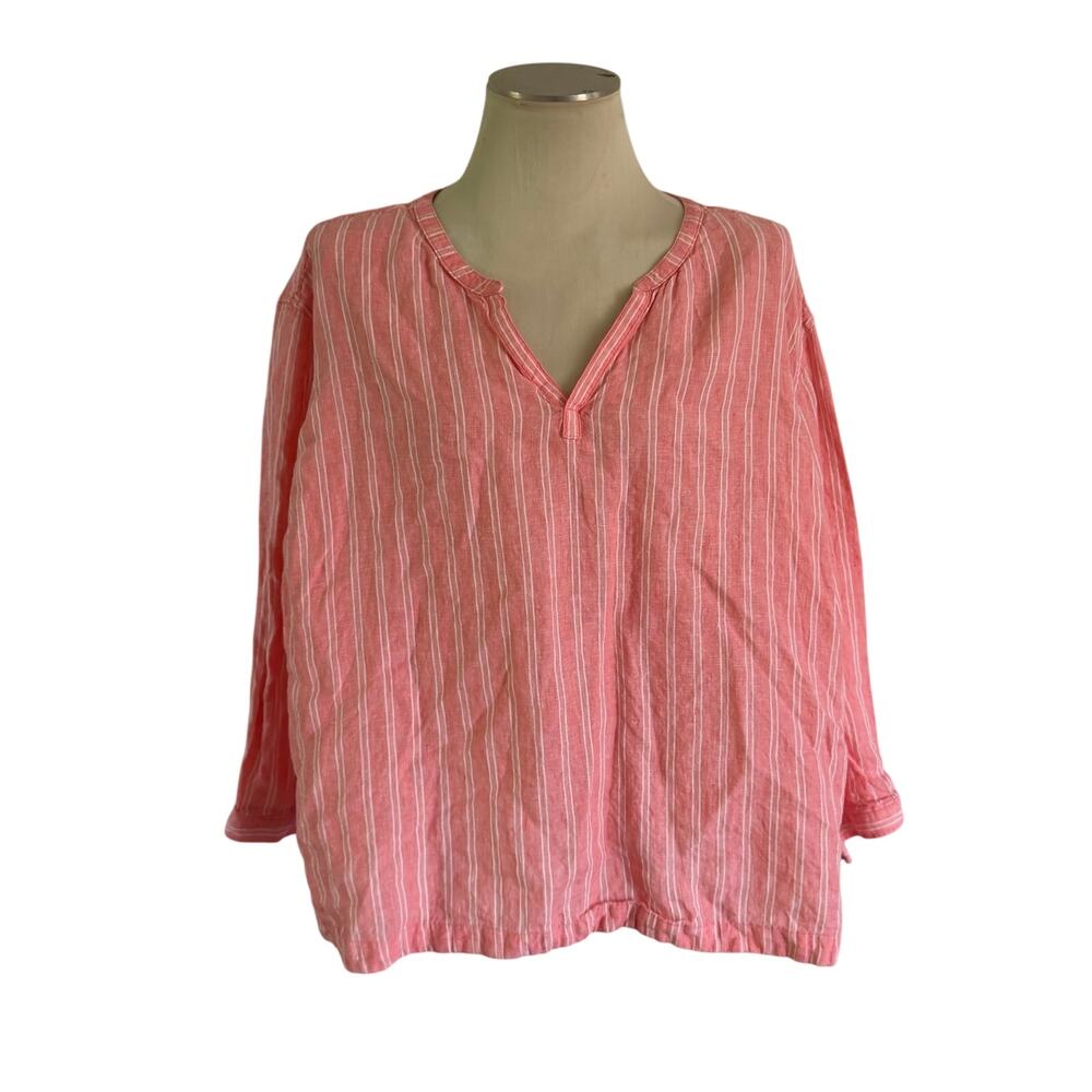 LL Bean Coral Pink Stripe 100% Linen Popover Stripe Blouse Plus Size 3X Loose